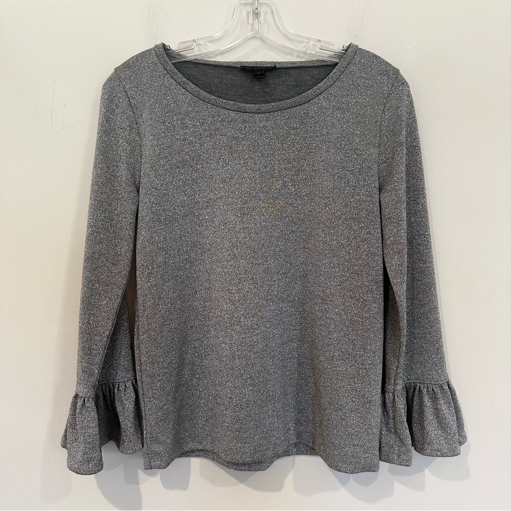 J. Crew Metallic Blouse Ruffle Sleeve Blouse Women's Small‎ Silver Party Holiday - Picture 3 of 9